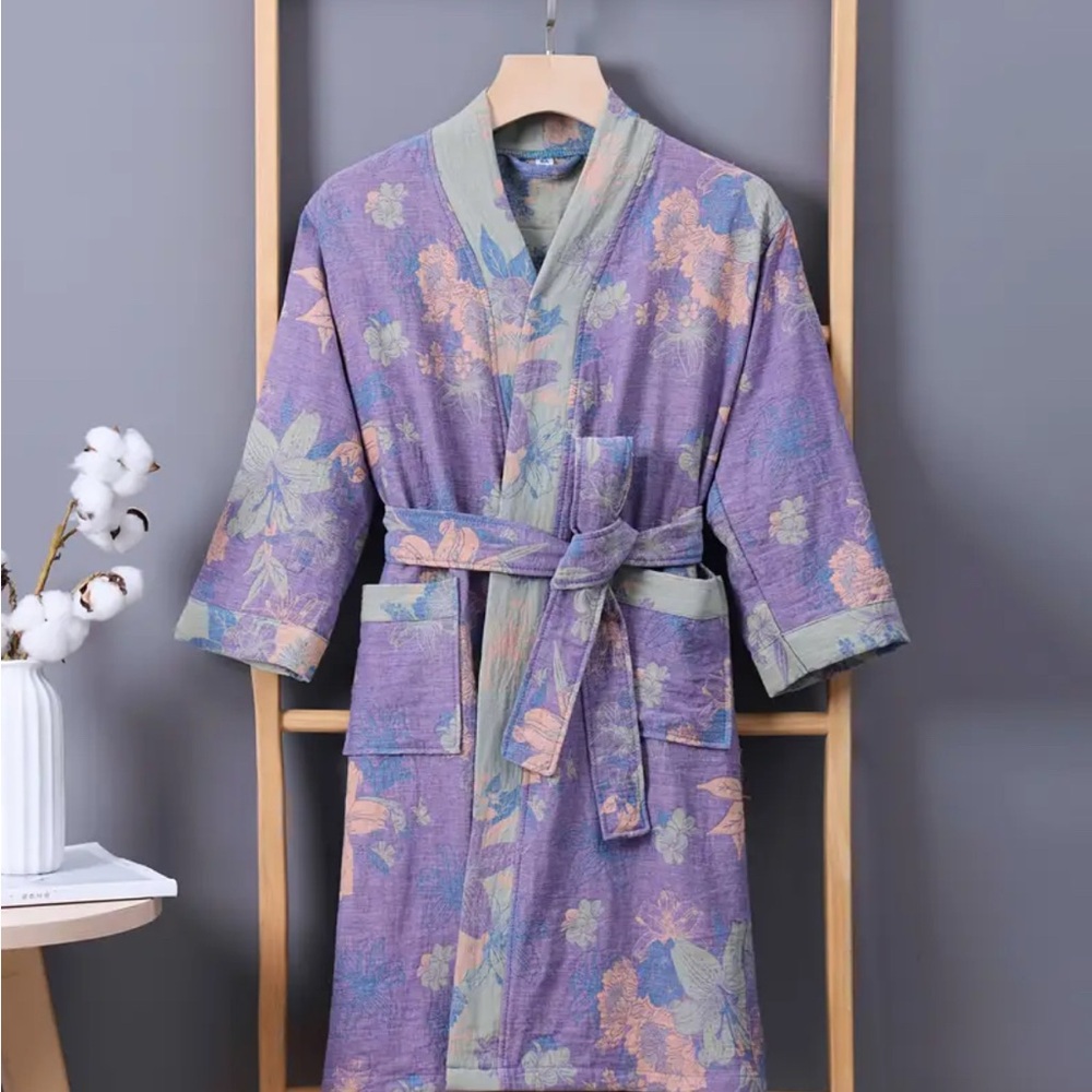 New Childs Kimono Floral Print Double-Layer Cotton Bathrobe V-Neck Belted large